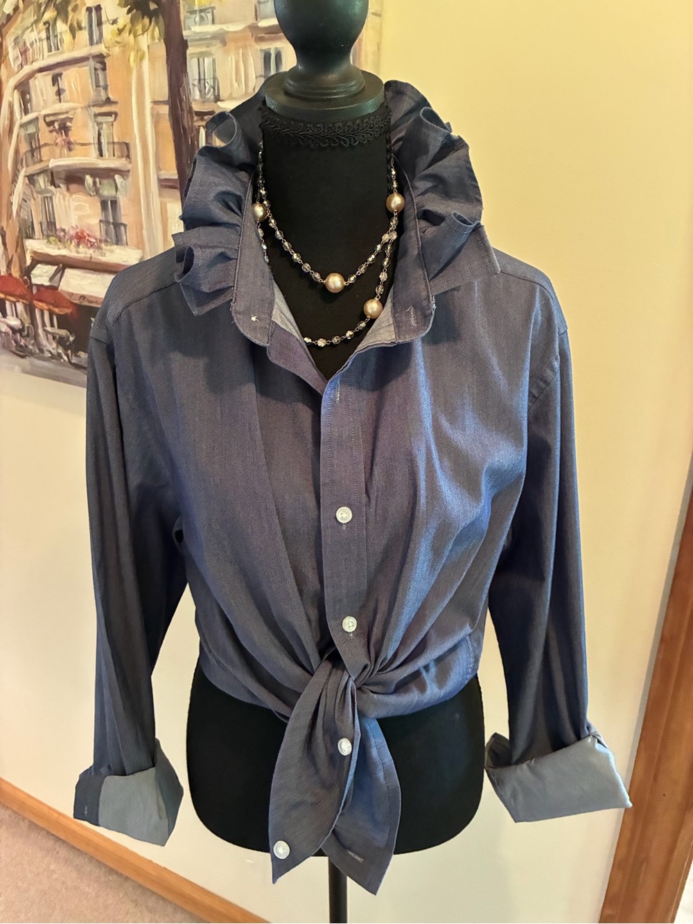 Lucky Brand Navy Blue Ruffle Collar Button-Down Shirt